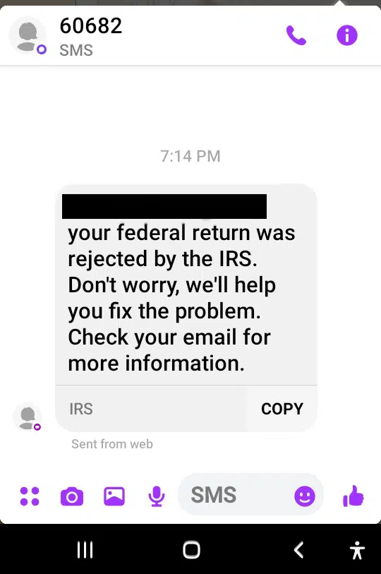 60682 text message irs rejected
