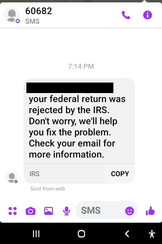 Latest IRS Text Scam Claims Your Return Has Been Rejected ITRC Latest IRS Text Scam Claims Your Return Has Been Rejected ITRC