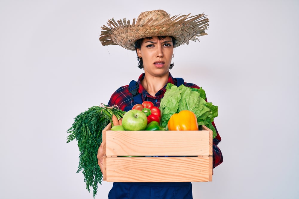 Person wearing a straw hat and plaid shirt, holding a wooden crate full of fresh vegetables including lettuce, carrots, apples, bell peppers, and tomatoes, with a confused or concerned expression