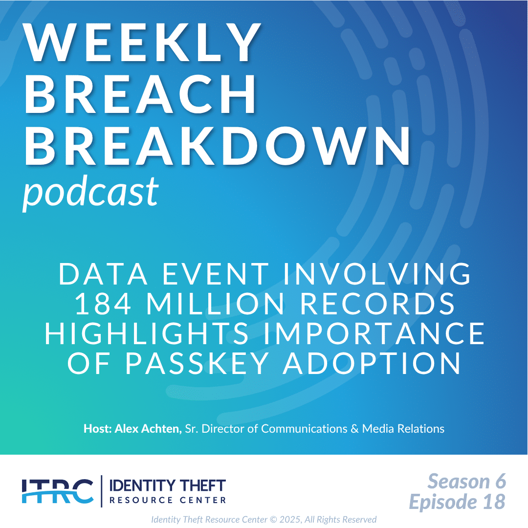 This image sets up this week's Weekly Breach Breakdown podcast on the importance of passkey adoption.