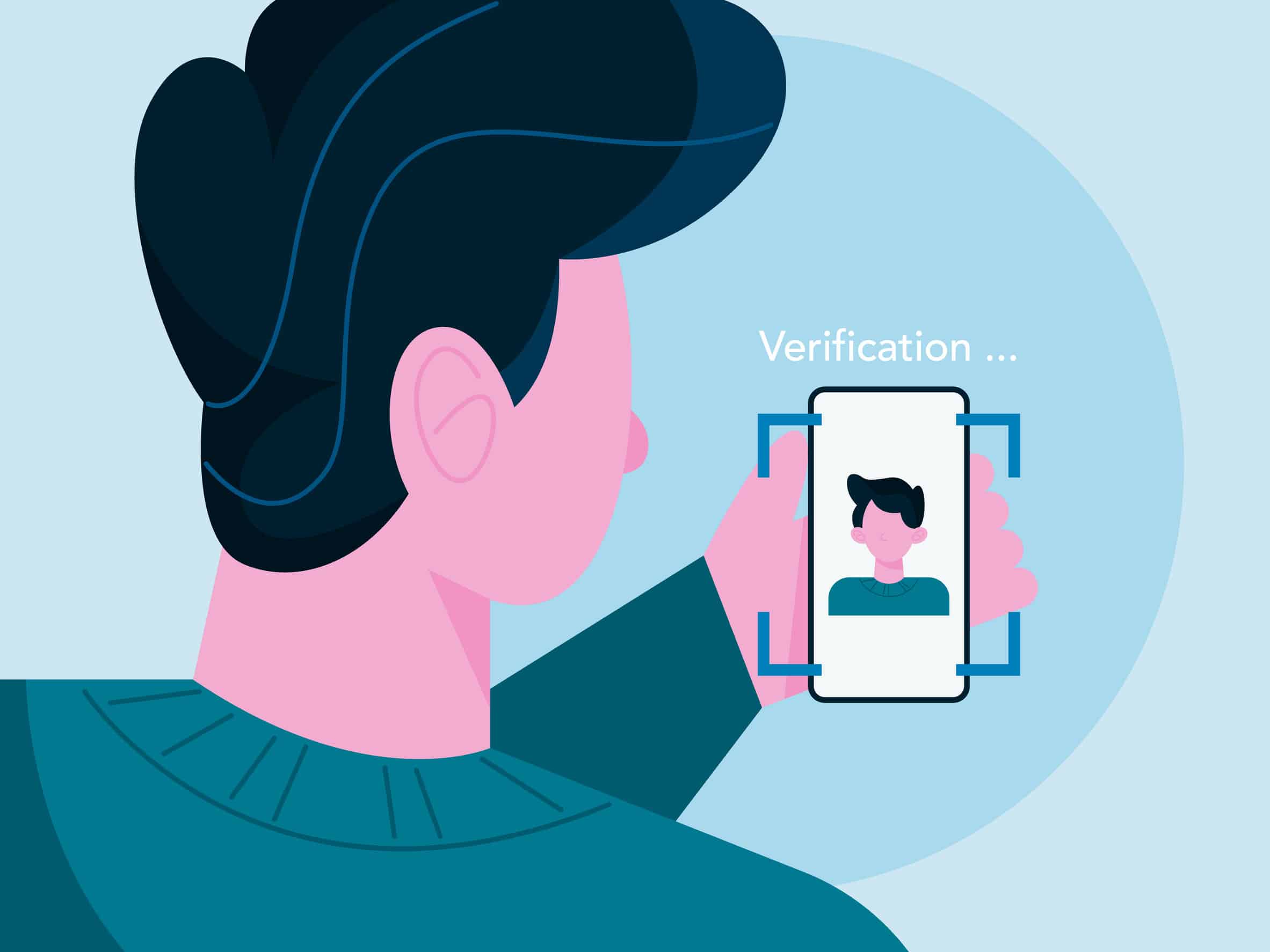 Vector flat illustration of facial verification technology scanning man's face