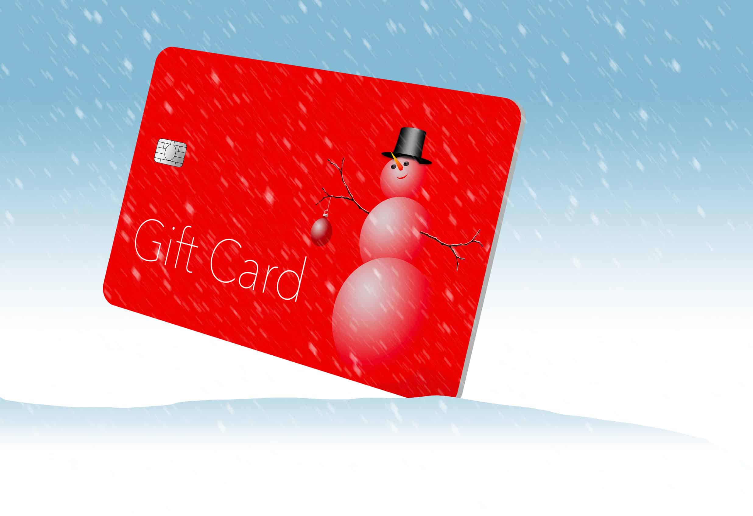 Red gift card with cartoon snowman imagery