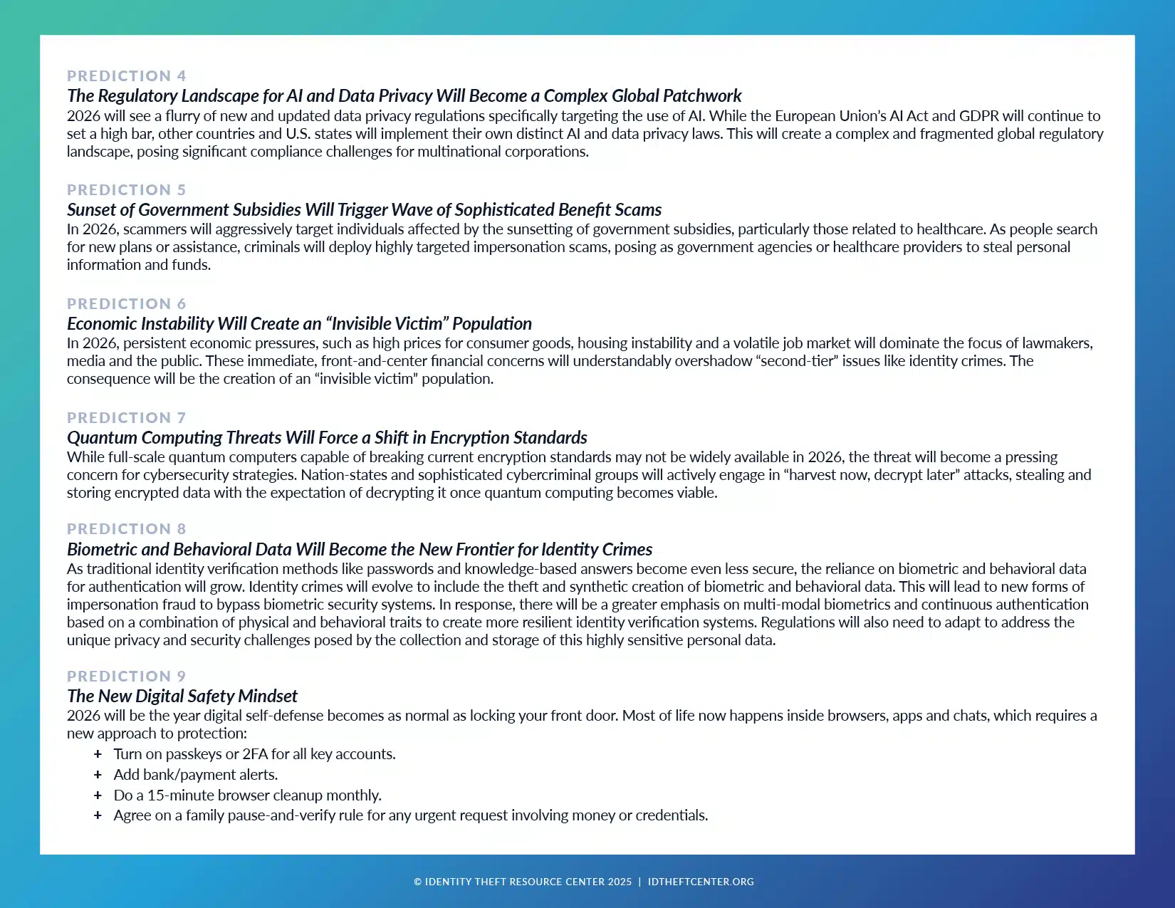 This infographic has some of the Identity Theft Resource Center 2026 predictions