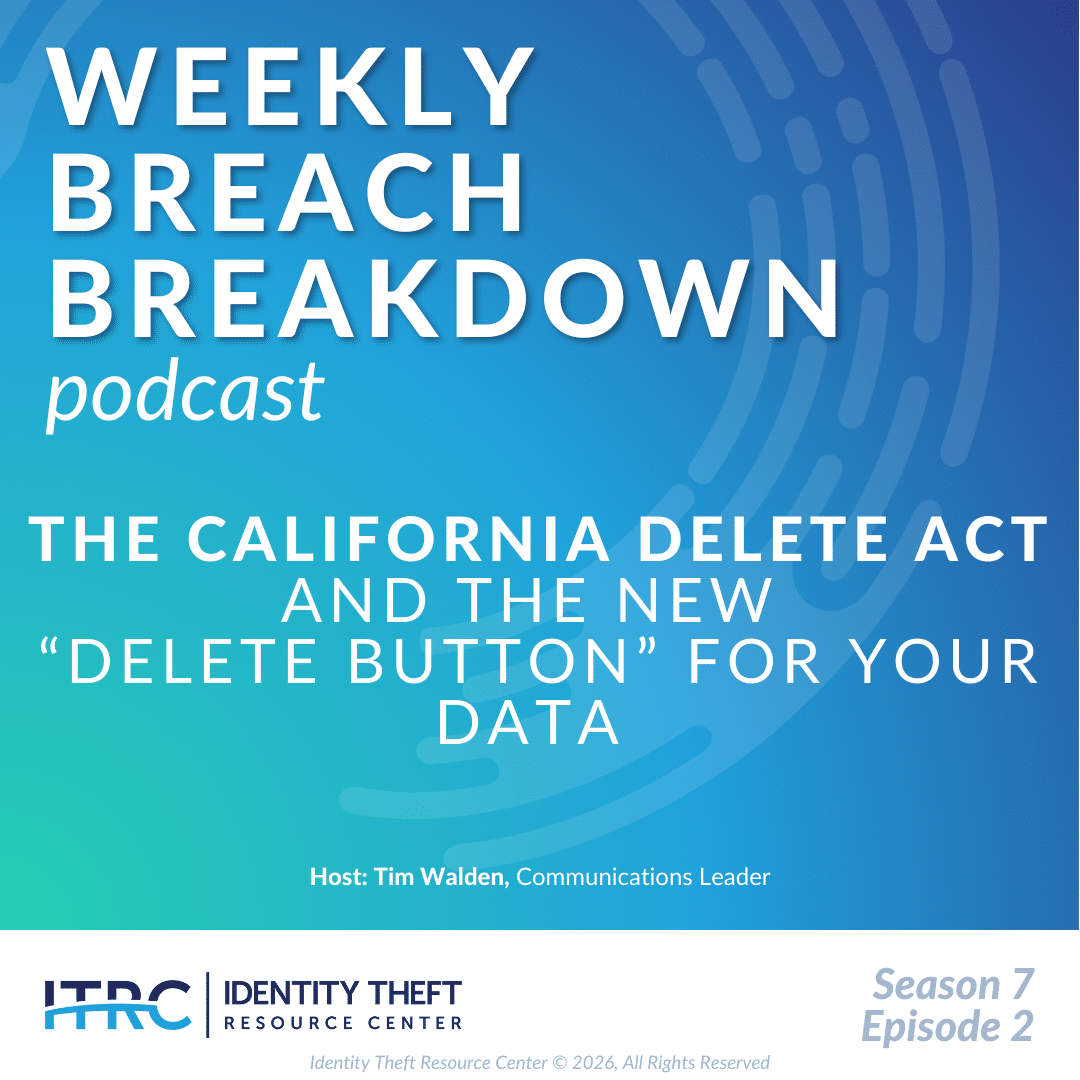 This is the cover for the ITRC's Weekly Breach Breakdown podcast on the California Delete Act.