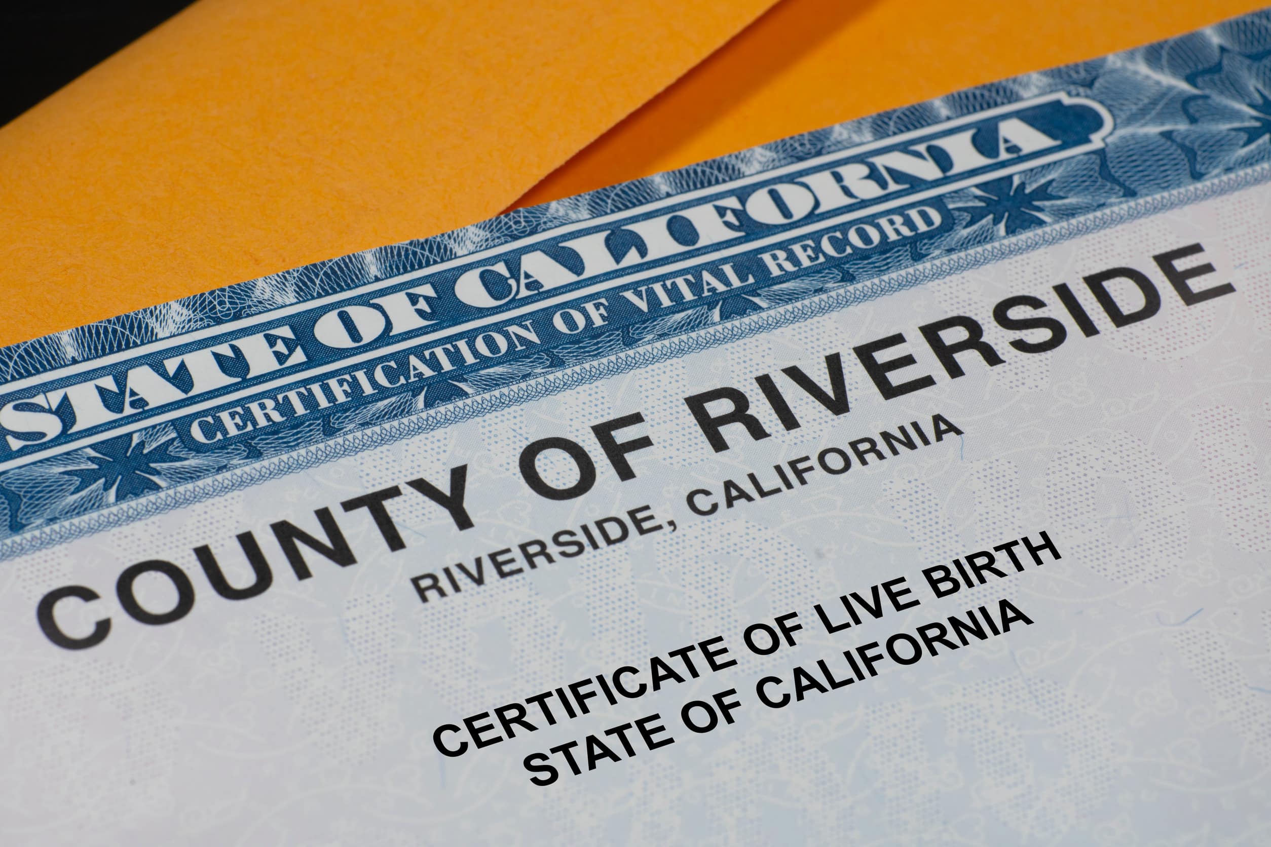 Close up of the top of birth certificate from the state of California