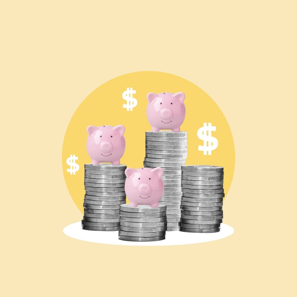 Image of piggy banks standing on money.